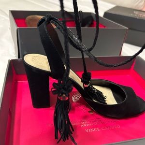 Black stacked heel tie up the leg with fringe ends